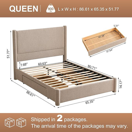 VELOCAVA Queen Size Upholstered Bed Frame with 51.77" Tall Headboard and Soft Rounded Corners, Side Storage Drawers, 12-Slat Support, No Box Spring Needed, Linen-Blend Fabric, Beige