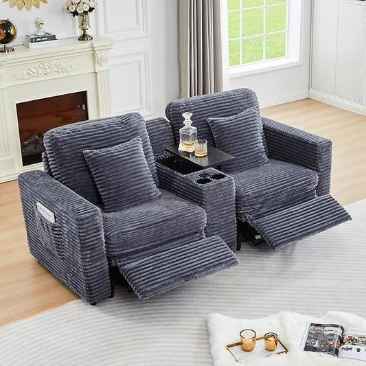 Power Reclining Sectional Sofa, Electric Loveseat Recliner with Storage Console and USB Ports, Plush Corduroy Fluffy Reclining Loveseat Couch Adjustable Headrest, 2 Seat Sofa for Living Room-Blue Grey