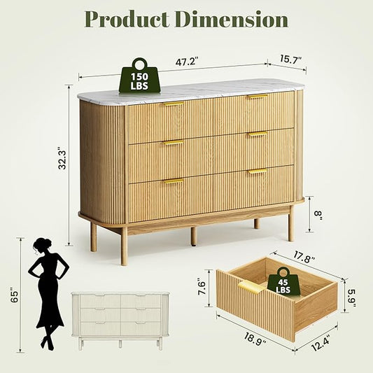 Fluted 6 Drawer Dresser for Bedroom, 47" Wide Chest of Drawers with Faux Marble Top & Curved Profile Design, Modern Dresser TV Stand, Wood Drawer Storage Organizer for Living Room, Natural