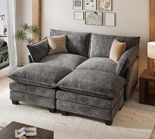 KKL Modular Sectional Sofa Bed, 4 Seater Convertible L-Shaped Sleeper Cloud Couch with Ottoman, Chenille Sectional Couches for Living Room, Apartment Grey