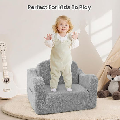 Comfy Toddler Chair & Kids, 2-in-1 Soft Couch Fold Out for Kids, Toddler Chairs Comfy 1-3 Years Old, Convertible Plush Sofa to Lounger for Girls and Boys,Light Grey
