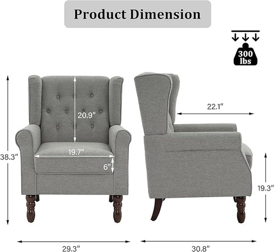 High Back Accent Chairs Set of 2, High Wingback Chair for Living Room, Button-Tufted Upholstered Fabric Armchair with Solid Wood Legs, Comfy Single Sofa Reading Chair for Bedroom, Light Gray