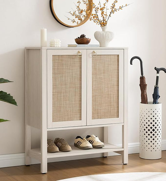 SICOTAS Rattan Shoe Cabinet with Storage - 5 Tier Farmhouse Boho Shoe Organizer Storage Cabinet with Shelves & Doors, Tall Shoe Rack Cabinet for Entryway, Living Room, Closet (White Cream Oak)