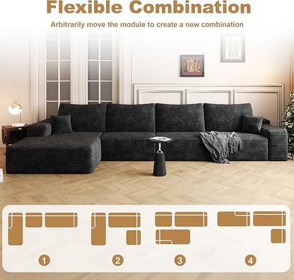 136" Sectional Couches for Living Room Modern Modular Sofa with L-Shape Couchs Upholstered Boneless Couch Deep Seat Sectional Couch with Chaise (Black, Left Facing Chaise+3Seaters)