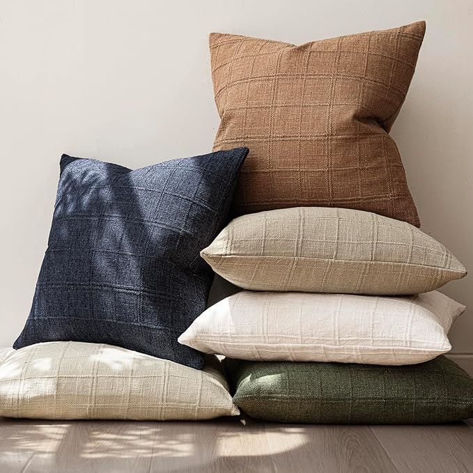 Foindtower Set of 2 Decorative Linen Check Throw Pillow Covers Neutral Farmhouse Vintage Cushion Covers Modern Boho Home Decor for Sofa Chair Couch Bedroom Living Room,20×20 Inch,Brick