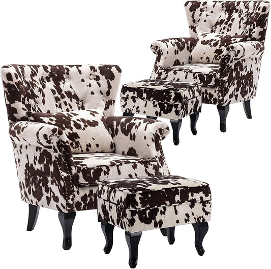 chairus Mid-Century Modern Accent Chairs with Ottoman Set of 2, Comfy Velvet Single Sofa Chair Button Tufted Wingback Armchairs with Pillow for Living Room/Bedroom/Club - Cow