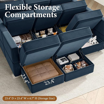 Vesgantti Sectional Sleeper Sofas with Storage, 118" Sofa Bed with 8 Seats Storage Chaises Removeble Cover, Deep Seat Modular Couches Velvet Couch Set for Living Room, Apartment, Home Theatre, Blue
