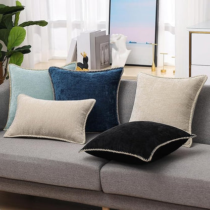 decorUhome Chenille Soft Throw Pillow Covers 20x20 Set of 2, Farmhouse Velvet Neutral Decorative Euro Pillow Covers with Stitched Edge for Couch Sofa Bed Home Decor, Poseidon