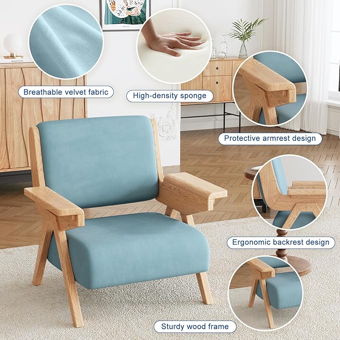Mid Century Modern Accent Chair, Fabric Upholstered Lounge Arm Chair with Solid Wood Frame for Living Room, Bedroom, Office, Reading Corner (Blue, Single Chair)