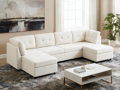 VANOMi 4 Seater Modular Sectional Sofa with 2 Ottomans, 118" Cloud Sofas & Couches, Comfy Chenille Sectional Couches for Living Room, Apartment, Office, Beige, U Shaped