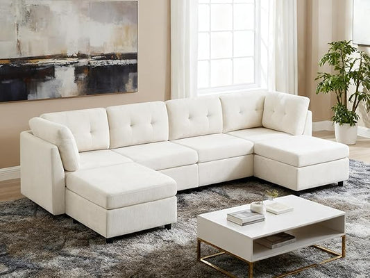VANOMi 4 Seater Modular Sectional Sofa with 2 Ottomans, 118" Cloud Sofas & Couches, Comfy Chenille Sectional Couches for Living Room, Apartment, Office, Beige, U Shaped