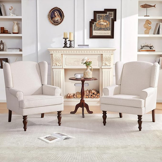 HUIMO Living Room Chair Upholstered High Back Armchair Retro Printed Wingback Chair in Linen for Bedroom & Study Comfy Accent Sofa Chair Reading Chair Holds 300lbs (Navy Blue) (2, Tan SJW-2PCS)