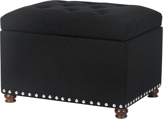 Joveco Storage Ottoman Bench, Rectangle 24″ Linen Foot Rest Stool Square Footstool for Living Room, Bedroom, Black