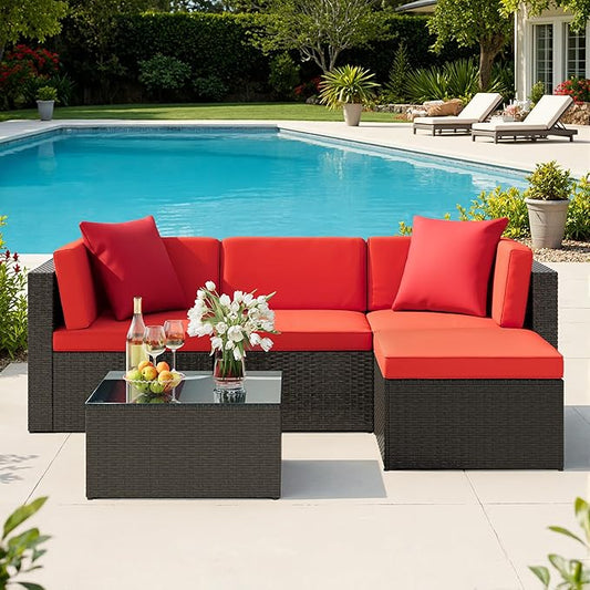 JUMMICO 5 Pieces Patio Furniture Set, Outdoor Sectional Sofa Conversation Sets, Couch Rattan Chair Wicker with Ottoman Cushion, Glass Tea Table and Pillows for Backyard Porch Garden Pool Balcony, Red