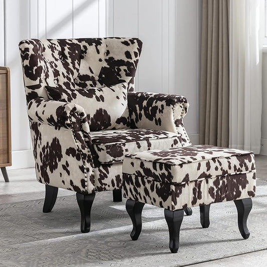 Mid Century Modern Accent Chair Upholstered Armchair Comfy Velvet Tufted Wingback Single Sofa with Ottoman for Bedroom Living Room, Cow