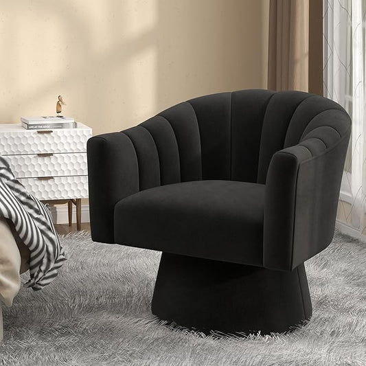 Swivel Accent Chair,Upholstered Velvet 360° Swivel Barrel Chair for Living Room Overstuffed Bouncle Reading Chair Round Armchair for Bedroom,Vanity,Office(Black)