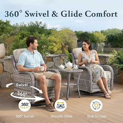 Belord Luxury 6" Thick Cushioned 5 Pieces Patio Furniture Set with Fire Pit Table, Wicker Outdoor Conversation Set with High Back Swivel Rocker Chairs for Deck Porch Yard and Poolside - Grey+Beige