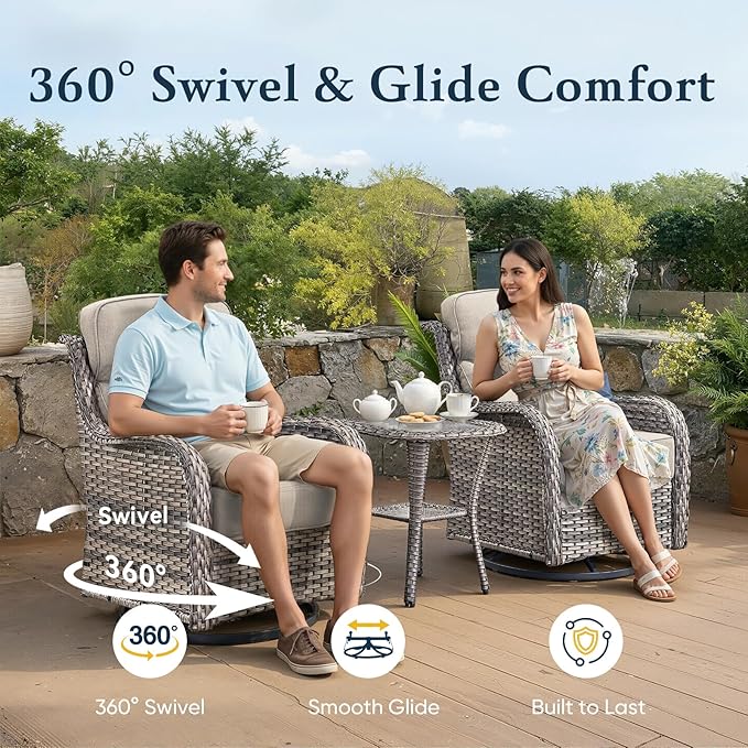 Belord Luxury 6" Thick Cushioned 10 Pieces Patio Furniture Set with Fire Pit Table, Wicker Outdoor Conversation Set with High Back Swivel Rocker Chairs for Deck Porch Yard and Poolside - Grey+Beige