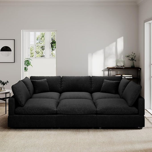 Linen Sleeper Sofa Bed,Modern Sectional Sofa Couch for Living Room,95.4 Inch Cloud Couches Cushion Covers Removable,Cozy Feather Down Sofa for Apartment Black