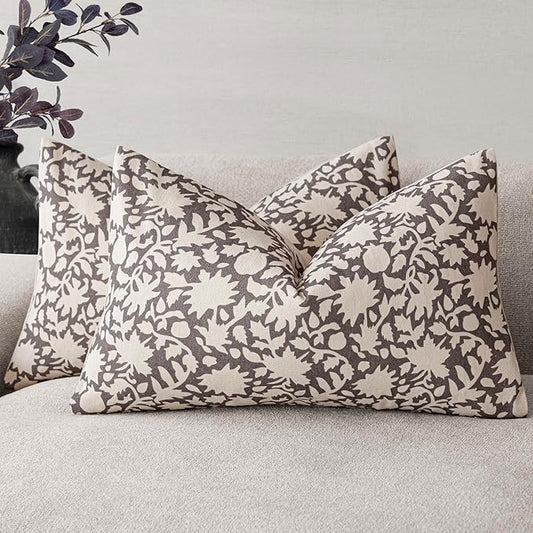 Foindtower Set of 2 Decorative Neutral Floral Throw Pillow Covers Accent Farmhouse Cushion Covers Boho Lumbar Pillowcase for Couch Sofa Bedroom Living Room Home Decor,12×20 Inch,Rustic Gray