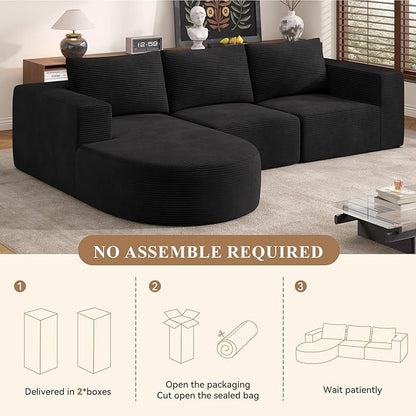 104”Sectional Couches for Living Room, Modular l Shaped Cloud Couch,Boneless Comfy Modern Sofa with Chaise, Deep Seat Convertible Sleeper Sofa Bed,No Assembly Required(Black-Corduroy Fabric) 1pcs