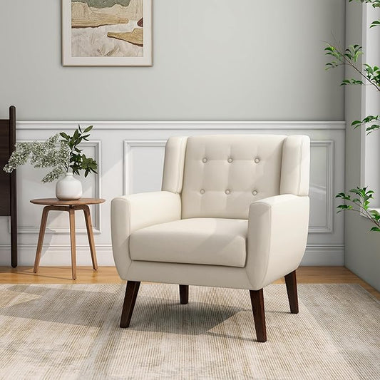 Accent Chair, Mid-Century Modern Fabric Chairs with Arms for Living Room, Comfy Upholstered Club Single Sofa Armchair for Bedroom Waiting Room with Solid Wood Frame (Fabric White, Set of 1)
