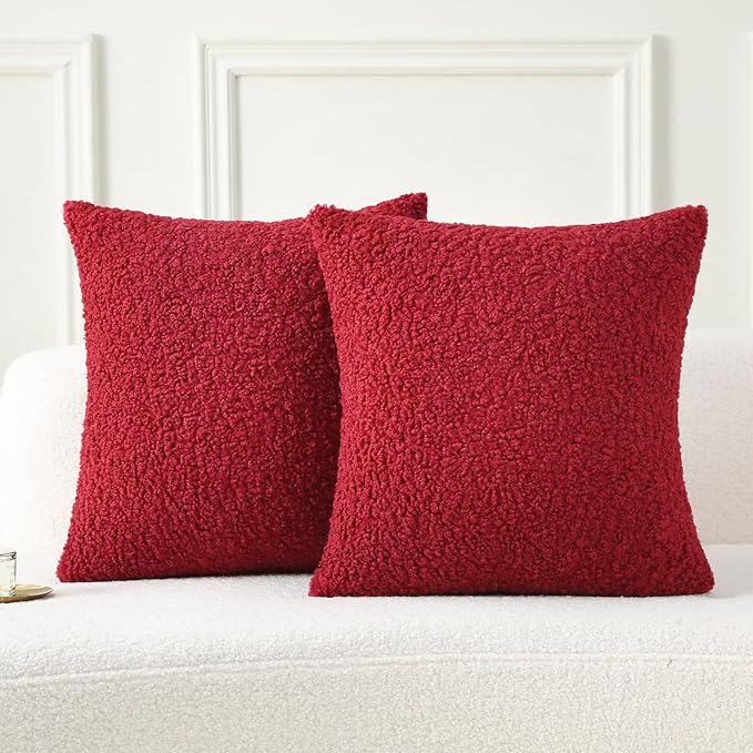 FUTEI Christmas Maroon Red Throw Pillow Covers 18x18 Inch Set of 2,Furry Faux Fur Teddy Boucle Textured Cushion Covers,Soft Fluffy Decorative Pillow Case,Home Decor for Couch Bed Living Room Car