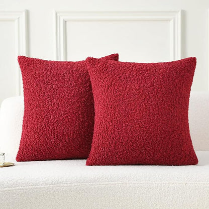 FUTEI Christmas Maroon Red Throw Pillow Covers 26x26 Inch Set of 2,Furry Faux Fur Teddy Boucle Textured Cushion Covers,Soft Fluffy Decorative Euro Pillow Shams,Home Decor for Couch Bed Living Room Car