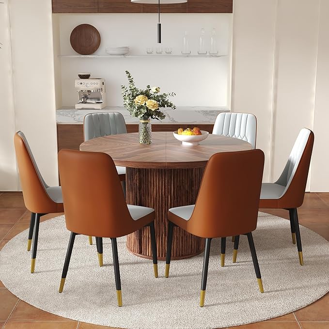 Round Dining Table Set for 6 with Two Storage, 47" Round Dining Table with 6 PU Leather Chairs, 7 Piece Kitchen Table Chairs Set of 6 with 1.7” Thick Wood Top, Roman Column Pedestal, Space-Saving