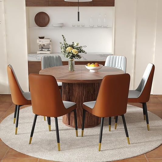 Round Dining Table Set for 6 with Two Storage, 47" Round Dining Table with 6 PU Leather Chairs, 7 Piece Kitchen Table Chairs Set of 6 with 1.7” Thick Wood Top, Roman Column Pedestal, Space-Saving