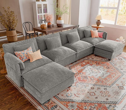 ELUCHANG 153" Oversized Modular Sectional Sofa, Comfy Deep Seat Cloud Couch, 6 Seater U Shaped Modern Sofa with Removable Cover for Living Room, Apartment, DIY Combination, Chenille Light Grey