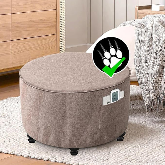 H.VERSAILTEX Round Ottoman Cover Thick Linen Look Ottoman Slipcover Round Ottoman Storage Cover Folding Stool Covers Furniture Protector Cover for Footrest Ottoman Fit Dia 24" - 26", Heather Taupe