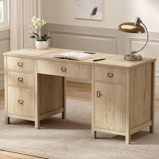 Modern Executive Desk with File Drawers Cabinet,59" Computer Desk with Charging Station, Keyboard Tray, Large Home Office Desk, Farmhouse Wood Desk for Study, Writing, Light Oak