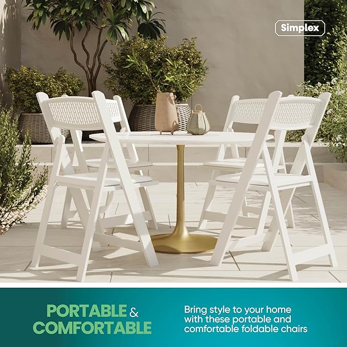SIMPLEX White Stackable Folding Chairs, with Padded Seat & Mesh Back, Padded Indoor/Outdoor Folding Chair, Lightweight Foldable Chairs, Weight Capacity 800LBs (4 Pack)