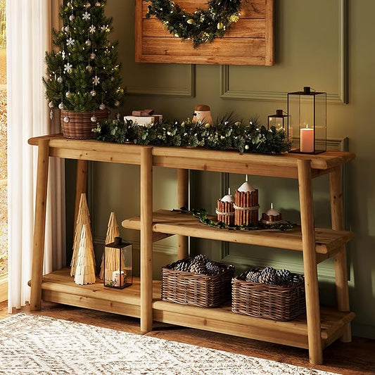 LITTLE TREE Solid Wood Console Table, 63-Inch Farmhouse Sofa Table Behind Couch, 3-Tier Entryway Table with Storage, for Living Room, Hallway in Warm Wood Color