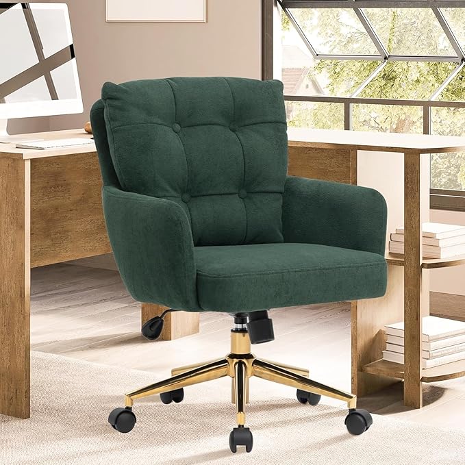 Velvet Office Chair, Comfy Home Office Desk Chairs with Lumbar Support, Modern Velvet Desk Chair Gold Legs Small Swivel Task Chair for Home Office, Bedroom, Study (Green, L)