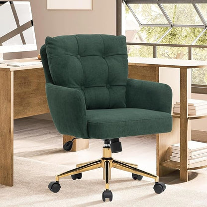 Velvet Office Chair, Comfy Home Office Desk Chairs with Lumbar Support, Modern Velvet Desk Chair Gold Legs Small Swivel Task Chair for Home Office, Bedroom, Study (Green, L)