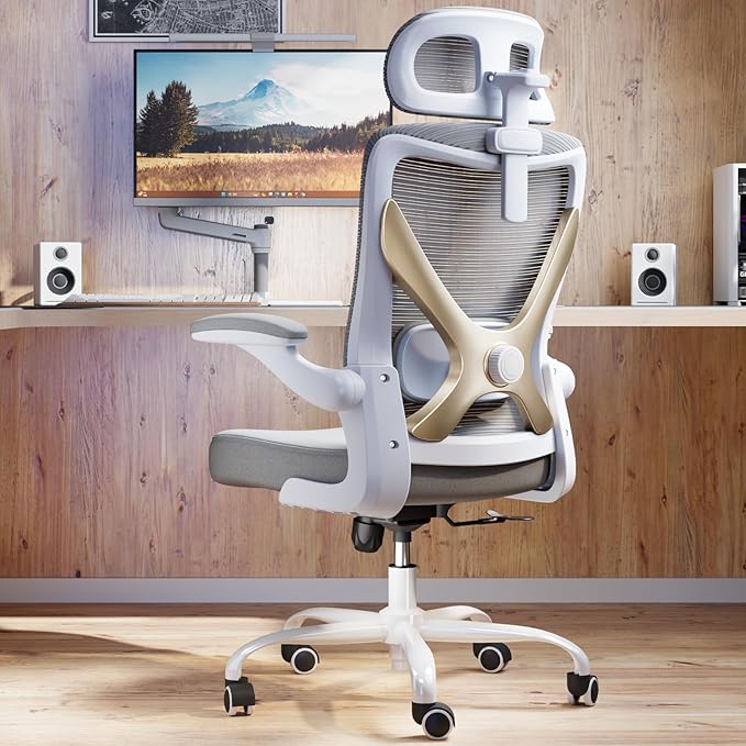 Ergonomic Office Chair-Computer Desk Chairs Comfy, Mesh High-Back Gaming Chair with Adjustable Lumbar Support & Headrest, Executive Task Chair for Adults, Comfortable for Long Hours (Gold)