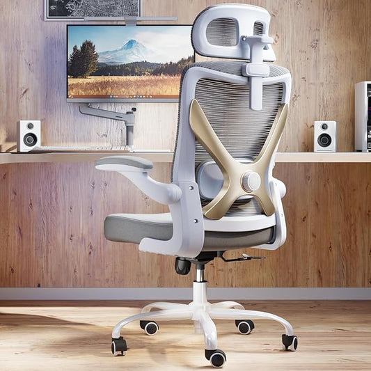Ergonomic Office Chair-Computer Desk Chairs Comfy, Mesh High-Back Gaming Chair with Adjustable Lumbar Support & Headrest, Executive Task Chair for Adults, Comfortable for Long Hours (Gold)