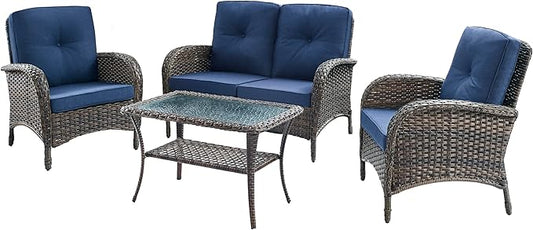 HUMMUH 4-Piece Patio Furniture Wicker Outdoor Conversation Set,All-Weather Rattan Outdoor Sofa Set Patio Chairs Coffee Table for Backyard,Porch,Deck