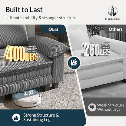 HERA'S HOUSE 124" Modular Sectional Sofa, Oversized L Shaped Couches for Living Room, Comfy Cloud Couch with Ottoman, 4-Seater Deep Seat Sofa with Throw Pillow, Corduroy Grey