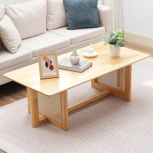 VEVOR Rattan Coffee Table, Rectangle Woven With Rubber Wood Top, 47-Inch Modern Boho Storage Table With Natural Legs, for Living Room, Bedroom & Small Spaces