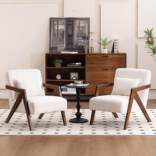 Mid-Century Modern Accent Chair Set of 2 with Solid Wood Frame，Upholstered Chenille Living Room Arm Chairs with Pillow for Bedroom, Living Room, Reading Room, Balcony, Beige