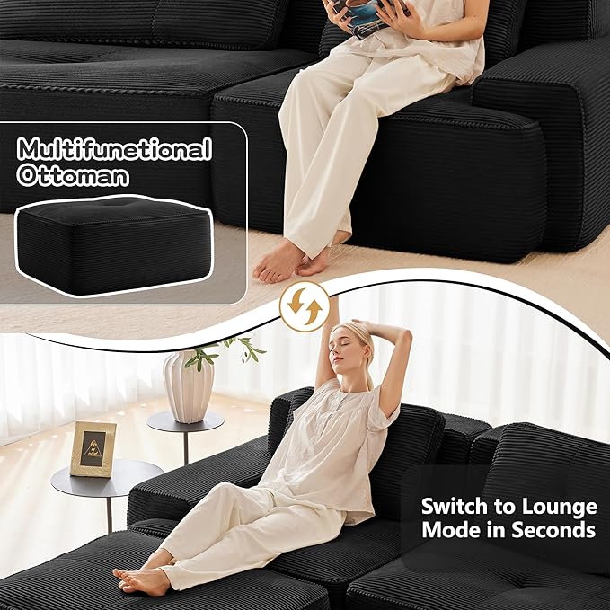 115.3” Black Boneless Couches for Living Room, Modular Sectional Sofa with U-Shape Chaise, 3 Seater Comfy Upholstered Deep Seat Corduroy Fabric Cloud Couch No Assembly, Anti-Slip Design
