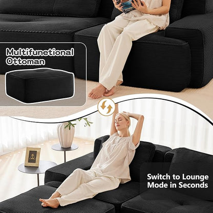 150.4” Black Boneless Couches for Living Room, Modular Sectional Sofa with U-Shape Chaise, 4 Seater Comfy Upholstered Deep Seat Corduroy Fabric Cloud Couch No Assembly, Anti-Slip Design