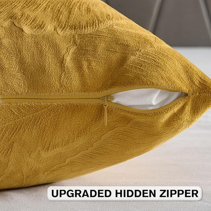 FUTEI Golden Yellow Velvet Throw Pillow Covers 16x16 Inch Set of 2,Soft Embossed Leaf-Relief Textured Cushion Cases,Natural Home Decor for Couch Living Room