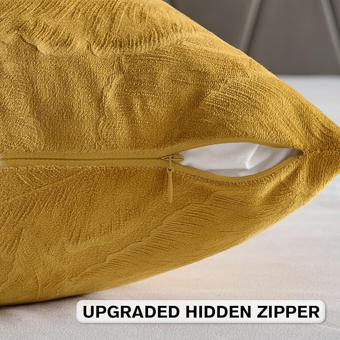 FUTEI Golden Yellow Velvet Throw Pillow Covers 26x26 Inch Set of 2,Soft Embossed Leaf-Relief Textured Euro Pillow Shams,Natural Home Decor for Couch Living Room