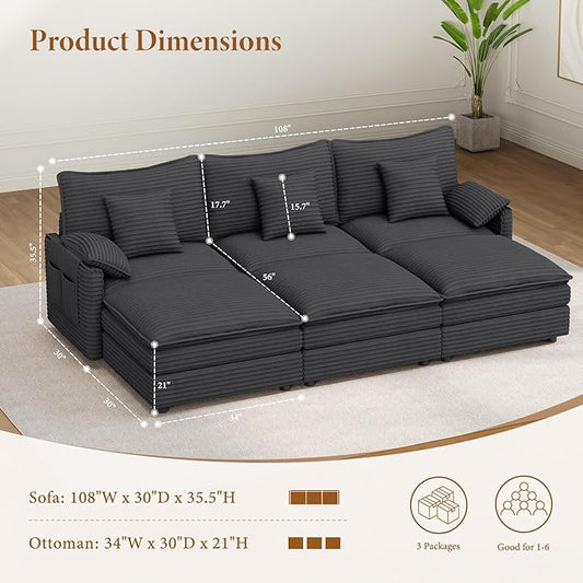 Vesgantti 108" Sectional Sleeper Sofa, 6-Seater Oversized Modular Cloud Couch with Movable Ottoman, Corduroy Large Sofa Bed Convertible Deep Seat Couches for Living Room, Bedroom and Apartment, Gray