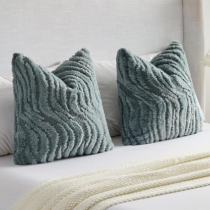 FUTEI Blue Decorative Throw Pillow Covers 18x18 Inch Set of 2,Soft Faux Fur Geometric Shapes Texture Cushion Case,Boho Home Decor for Couch Bed Living Room