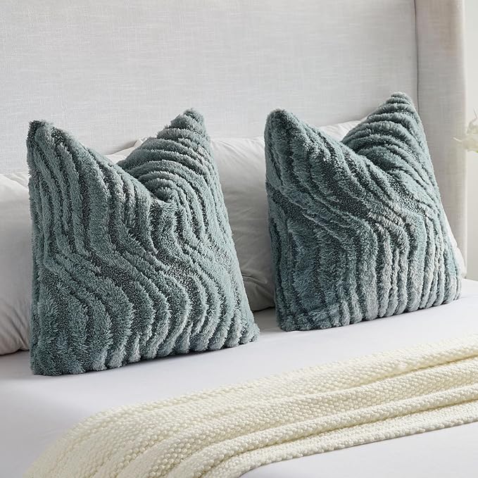 FUTEI Blue Decorative Throw Pillow Covers 20x20 Inch Set of 2,Soft Faux Fur Geometric Shapes Texture Cushion Case,Boho Home Decor for Couch Bed Living Room